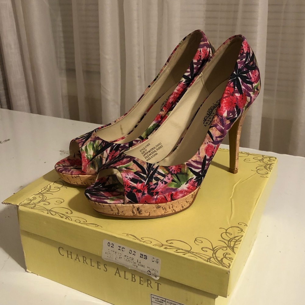 Floral print cork wedge platform heels Sz 11